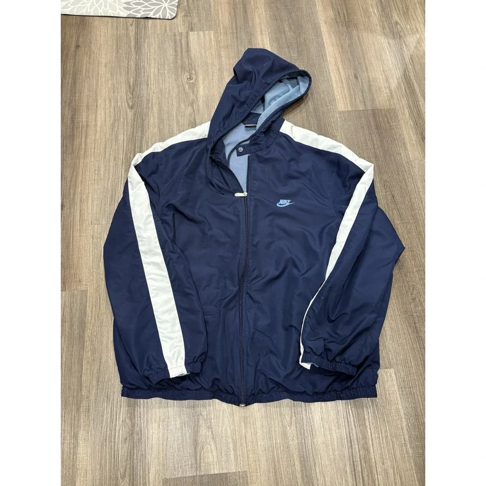 Vintage 90s Nike Side Swoosh Navy Zip Up Hooded Winter Jacket Men's Size XXL‎